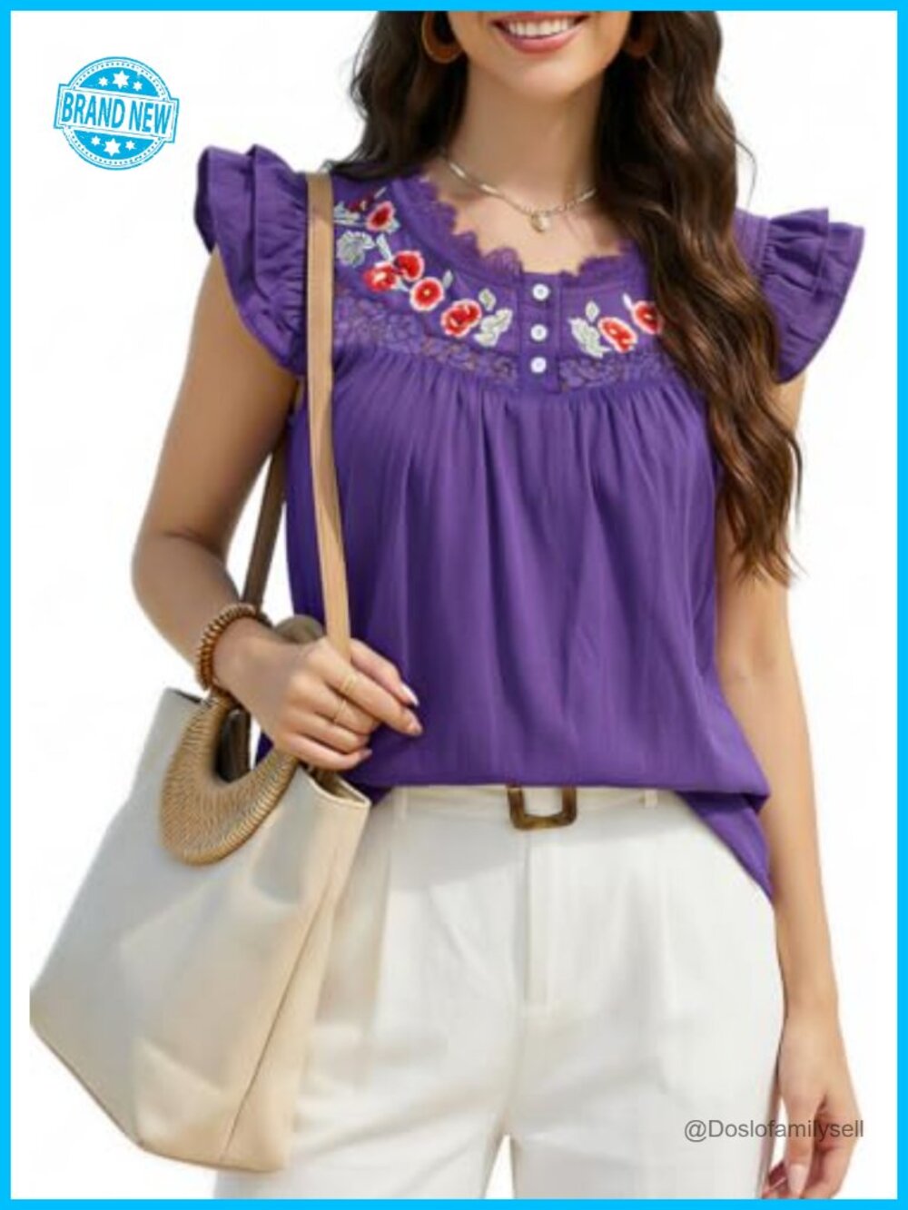 Women Cotton Embroidered Boho Blouse Lace Ruffle Sleeve Bohemian Tunic Top